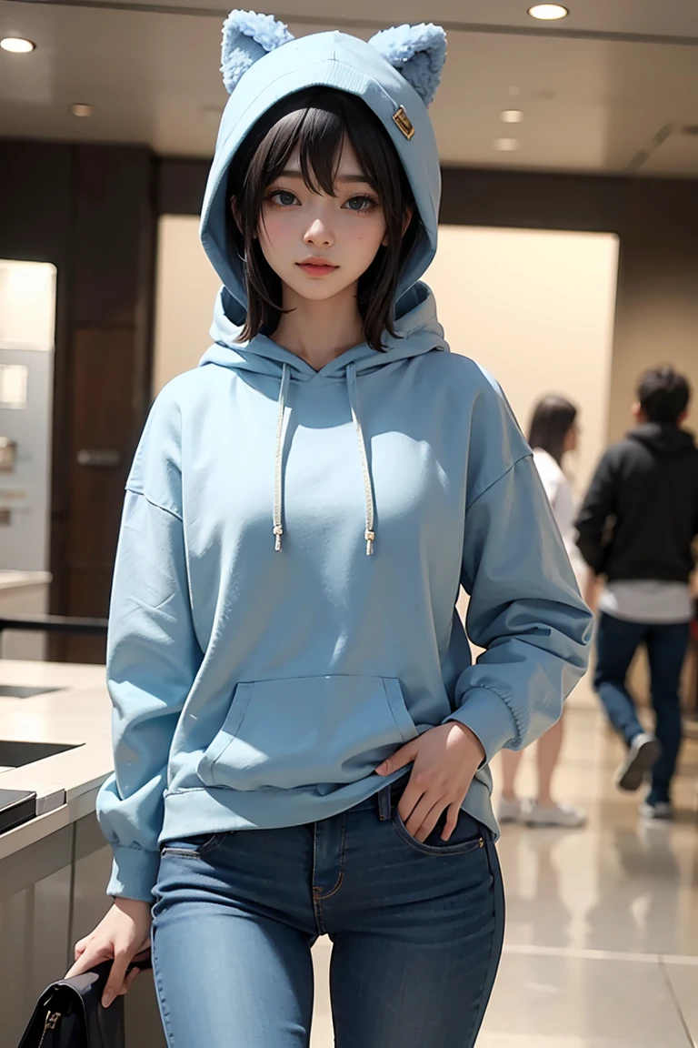 light blue skinny jeans , hip , panty line , hip 보기 , a cute girl , Black hoodie