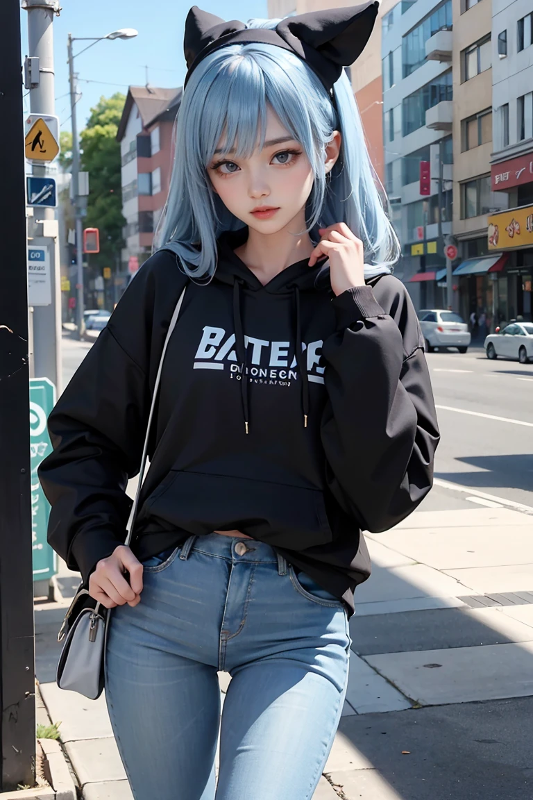 light blue skinny jeans , hip , panty line , hip 보기 , a cute girl , Black hoodie