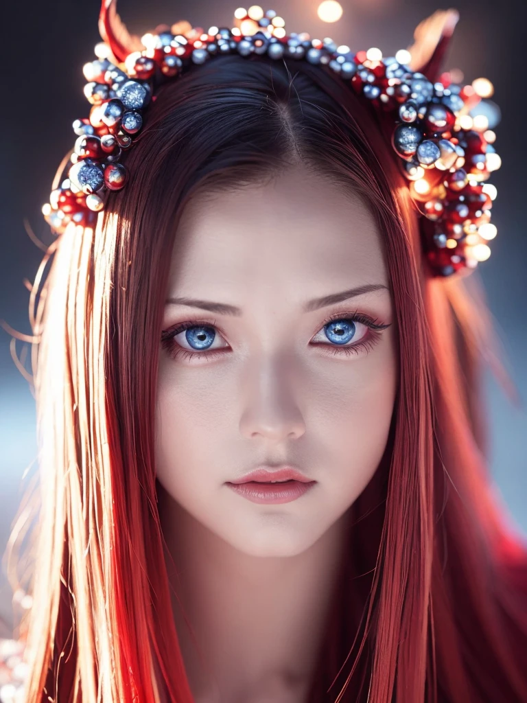 Best quality, 4K, high resolution, Masterpiece:1.2, super ultra detail, (Realistic, Photorealistic, photo-realistic:1.37), vibrant, Red and blue heterochromic eyes，Strong gaze，Mesmerizing eye contact，Fire-red iris，Dark blue shining stars，Shining pupils，Vivid colors，Portrait，Fantasy art，Magical red light，Ethereal beauty，Red color palette，Long yellow hair，Cloak like red