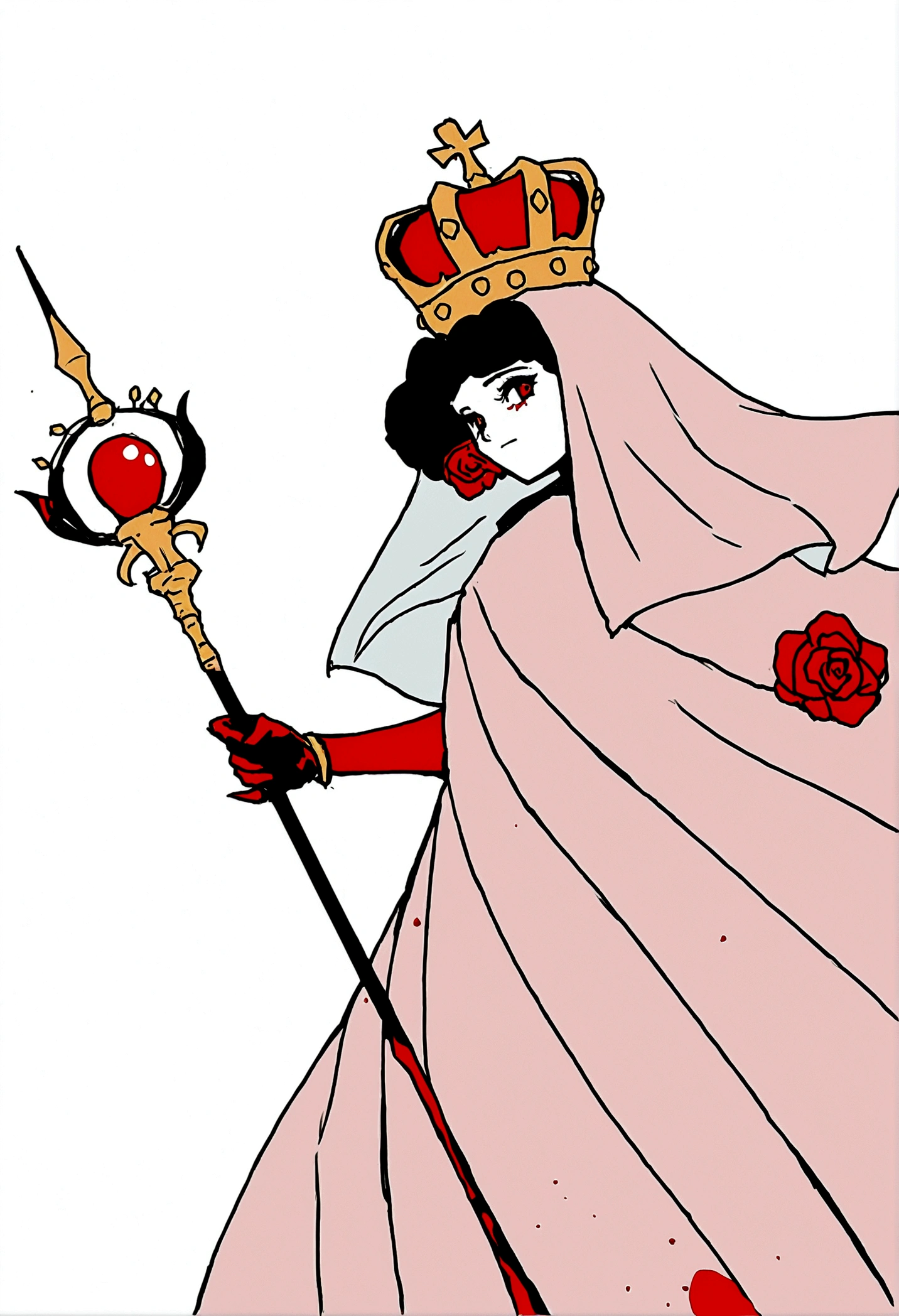 flat color,LOR Artstyle, veil, solo, flower, white background, simple background, holding, crown, staff, blood, rose, no humans, holding staff, weapon, red flower, blood, bloodstain