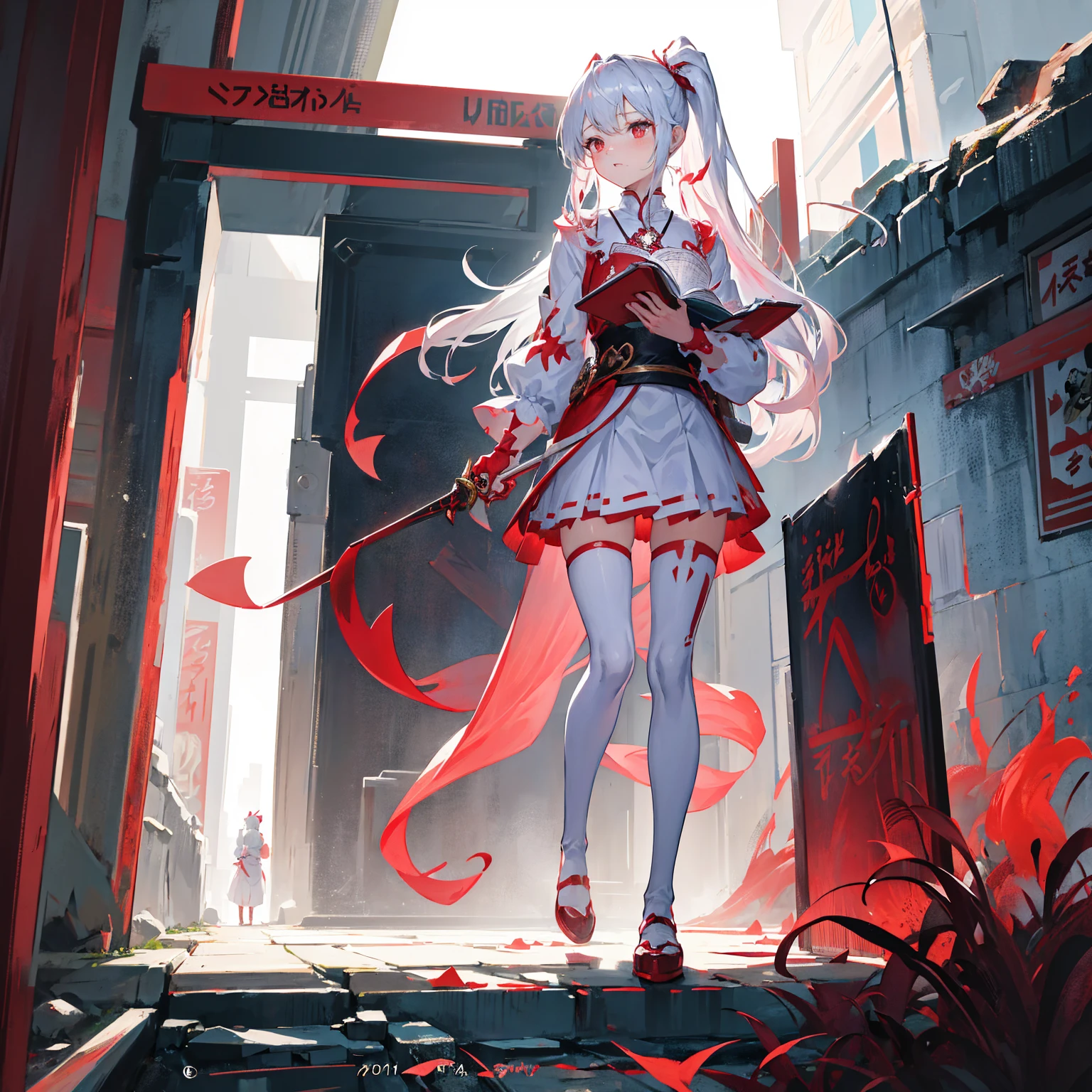 Wearing a red and white dress、anime girl holding sword, Highly detailed official artwork, Epic Light Novel Cover Art, epic Light novel cover art, Silver and red armor, guweiz on pixiv artstation, Anime style 4K, Detailed key animation art, Light novel cover art, Anime Fantasy Artwork，White hair and red eyes，Side Ponytail，Waist-length hair，1 Girl，Portraiture，Reading