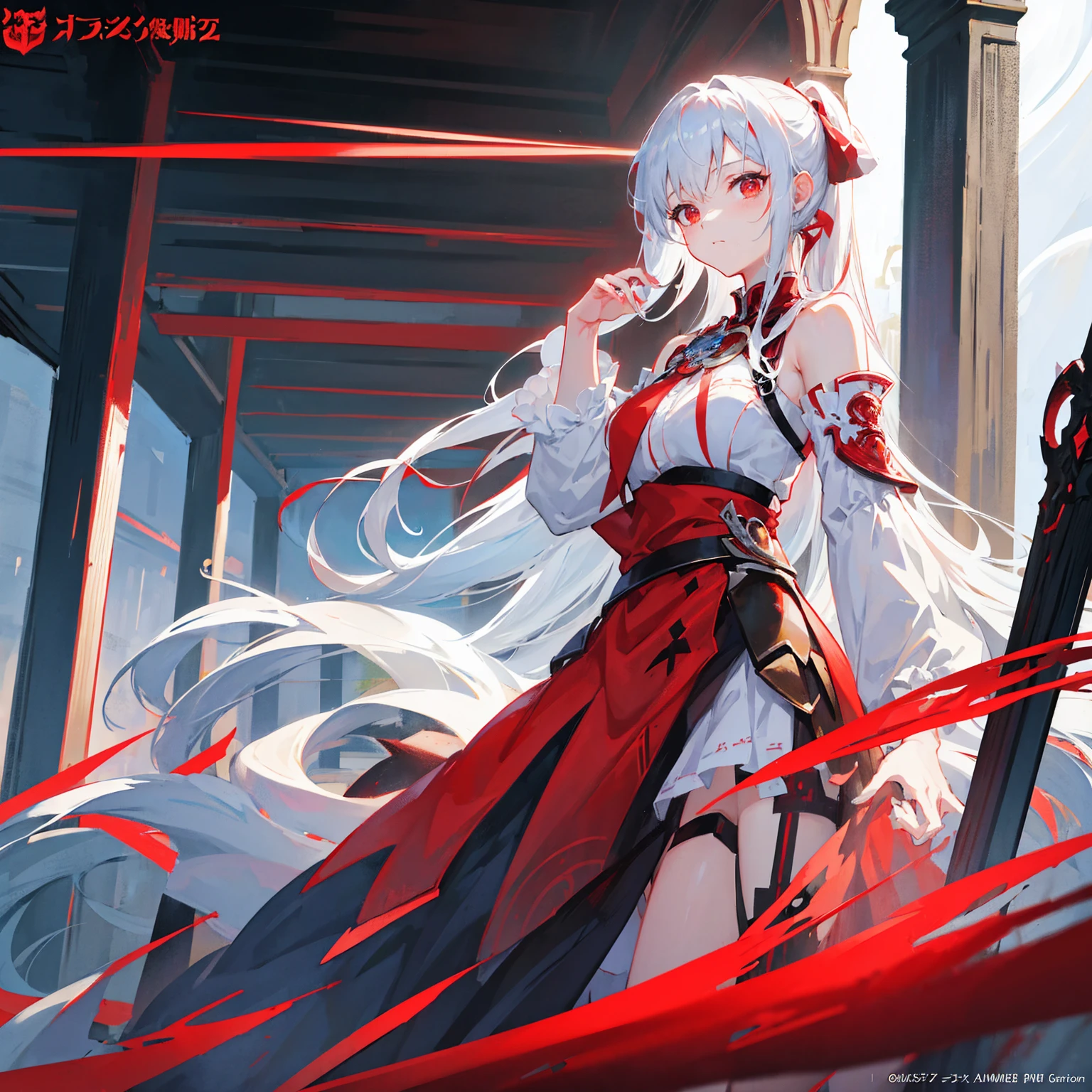 Wearing a red and white dress、anime girl holding sword, Highly detailed official artwork, Epic Light Novel Cover Art, epic Light novel cover art, Silver and red armor, guweiz on pixiv artstation, Anime style 4K, Detailed key animation art, Light novel cover art, Anime Fantasy Artwork,White hair and red eyes,Side Ponytail,Waist-length hair,1 Girl,Portraiture,Reading