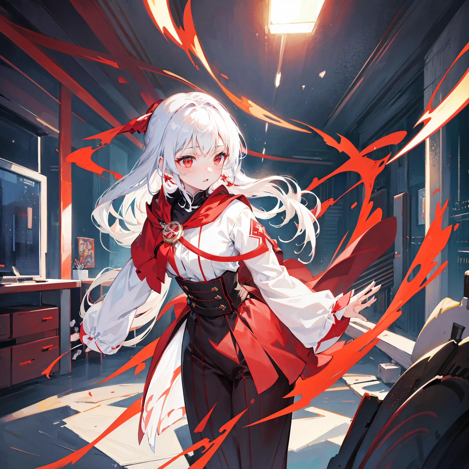 Wearing a red and white dress、anime girl holding sword, Highly detailed official artwork, Epic Light Novel Cover Art, epic Light novel cover art, Silver and red armor, guweiz on pixiv artstation, Anime style 4K, Detailed key animation art, Light novel cover art, Anime Fantasy Artwork,White hair and red eyes,Side Ponytail,Waist-length hair,1 Girl,Portraiture,Reading
