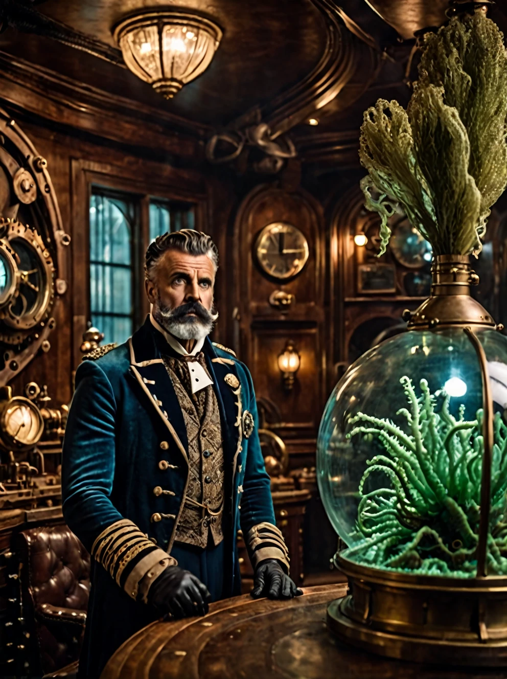 photo focus on male focus, indoors, realistic scenery, (captain nemo:1.1), retro-futuristic,  analyzing seaweed, steampunk nautilus-style. very wide shot, character photo portrait, film, professional, 4k