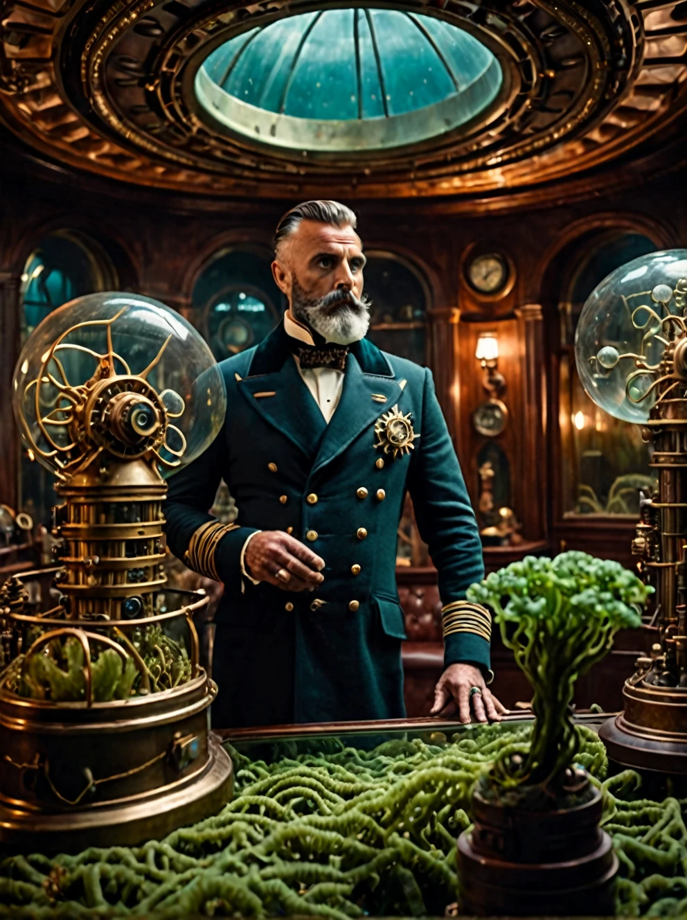 photo focus on male focus, indoors, realistic scenery, (captain nemo:1.1), retro-futuristic, analyzing seaweed, steampunk nautilus-style. very wide shot, character photo portrait, film, professional, 4k