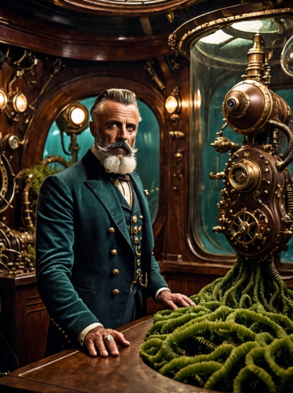 photo focus on male focus, indoors, realistic scenery, (captain nemo:1.1), retro-futuristic, analyzing seaweed, steampunk nautilus-style. very wide shot, character photo portrait, film, professional, 4k
