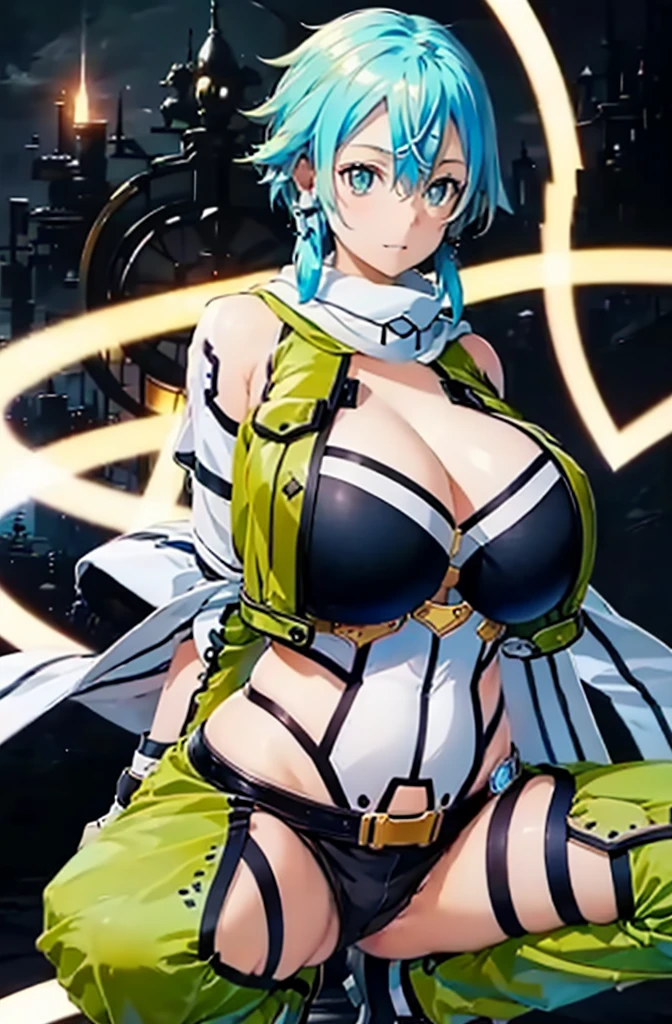 Chinon 1, (((Sinon-GGO))),  Shinono, Long hair short hair, Hair between the eyes, Side Lock, Huge breasts, Revealing clothing, Blue clothes, gloves, Thighs Thighs Thighs Thighs, (Off the shoulder,  shoulders), (Underbust:1.5), (abdomen, belly button, String), Chinon 1, scarf, fingerless gloves, Long sleeve, Short shorts, hair ornaments, Barrette, green Thighs Thighs Thighs Thighs, Green jacket, thigh strap Huge breasts, 溢れるLong chest, Huge breasts, Abnormally large, Unusually big breasts, Long chest、Lower Breast, ((Highest quality)), ((R-18)), (Dirty pervert), (Huge breasts:2.0), One girl,  squatting,  Costumes, Exposing breasts,