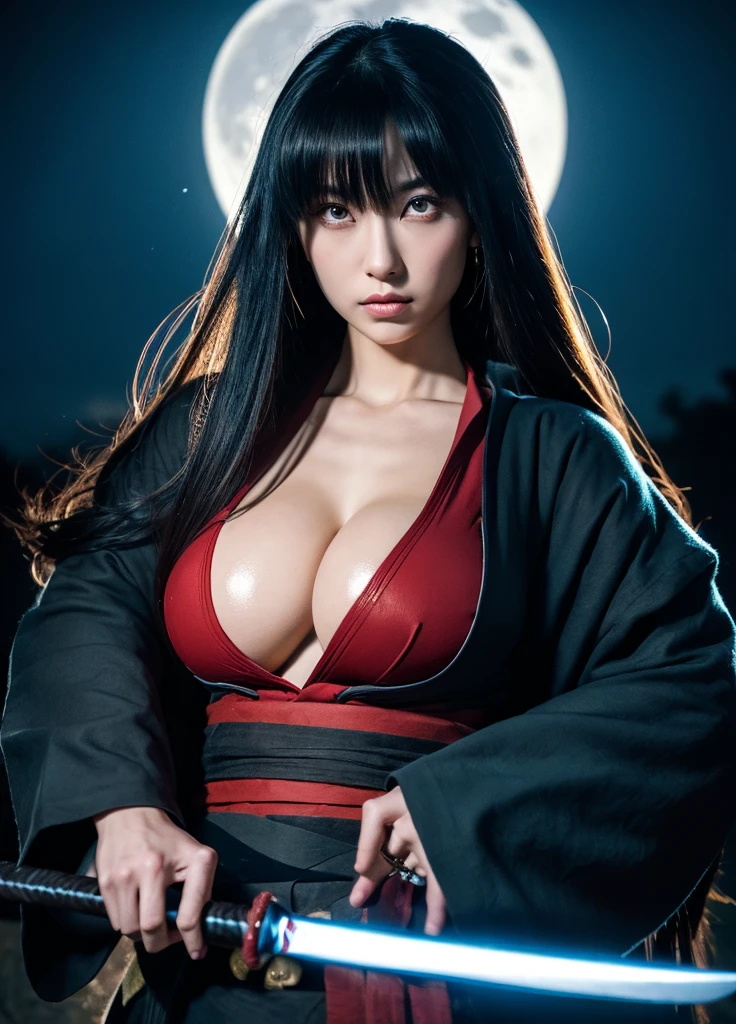 8K,Close-up portrait of a person holding a sword in front of a full moon、A very beautiful cyberpunk samurai、having katana、having katana、Inspired by Yoshigai Kano、woman samurai、Knives、large sword、demon samurai、from arknights、Ghost Beast Waiter、She with a sword、kunoichi、Dramatic Katana Wielding Pose、(hyper :1.4)