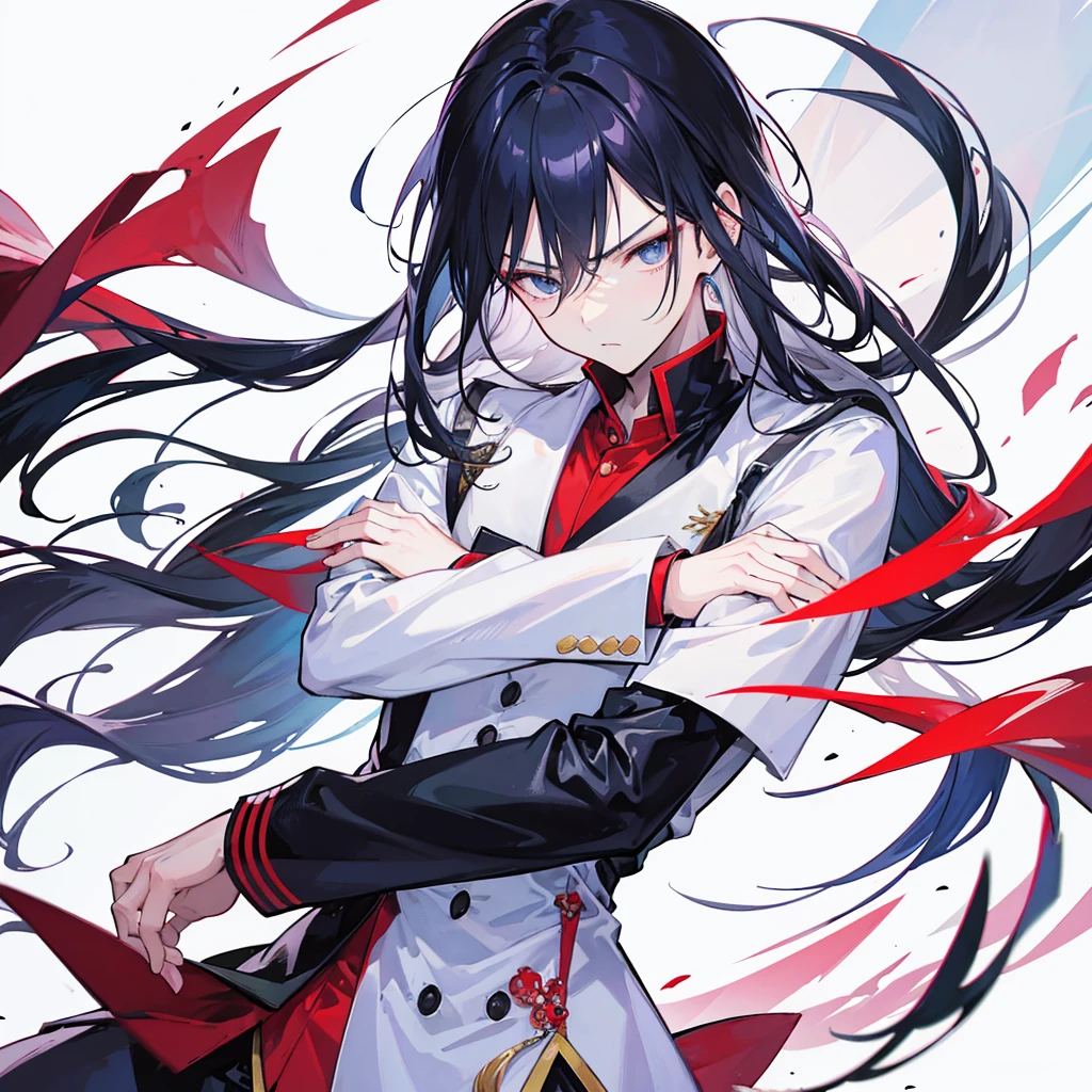A stylish Korean man glaring at the viewer with crossed arms, looking strong, in an anime-style illustrative artwork.