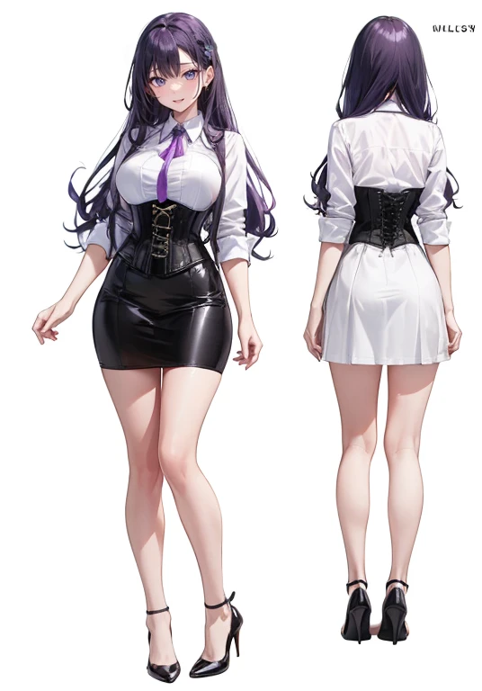 Purple Hair,((Very voluminous long hair)),Adult female,White Y-shirt,((Roll up her sleeves)),(((Roll up your sleeves))),(corset),(Black tight skirt),(High heels),((A simple, blank white background)),smile,((full body)),((whole body)),