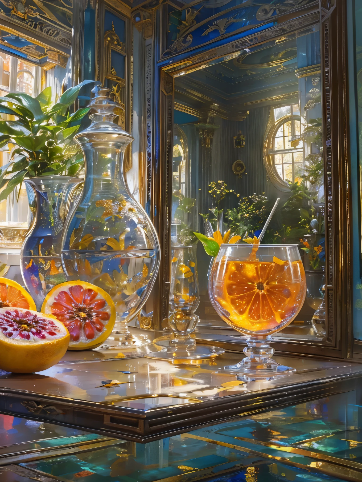 ((Highest quality)),(Ultra-high resolution),(Very detailed),(Detailed Description),((The best CG)),(A masterpiece),Ultra-detailed art,Amazing painting art,(Art with precise detail:1.5), Sparkling:1.3, fruits:1.1, glass,Cocktail, mirror:1.6