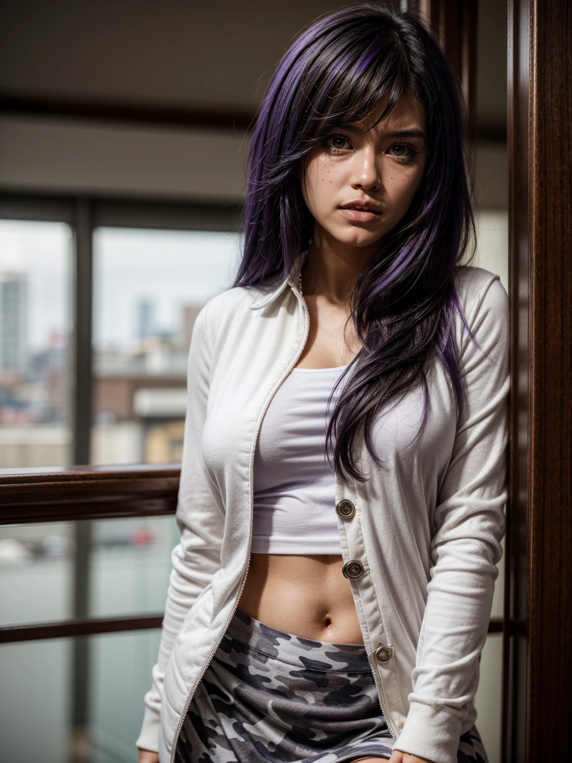 (1 lady), (Best quality at best:1.4), (ultra - detailed), (extremely detailed CG unified 16k), A Beautiful Woman with Perfect Figure: 1.4, Sharp Focus: 1.2, very detailed, High-definition RAW color photo, professional photoshooting, amazing face and eyes, cosmetics, (amazingly beautiful girl), ((frederica bernkastel)), ((fancy mix of white gray and black camo pattern BDU shirt over white top:1, cotton jacket:1.2, single color blueish purple medium-long skirt:1.2, visible abdomen)), standing, sexyposture,(Stylish urban landscape, day light), (look from down), realistic cinematic face, head to feet long wide zoomed out view, full body long view, photorealistic, ((realistic natural purple hair style, purple eyes, long hair)), gorgeous, extremely beautiful face, perfect model beauty, pout mouth, Highly Detailed Face and Skin Texture, Detailed Eyes, Double Eyelids, Small Sized Natural Breasts, Smile, cleavages, western, (masterpiece), best quality, high resolution, extremely detailed, blurred background, depth of field, cinematic lighting, amazing legs, high heels, clear and well-cared skin, big ass, round ass, athletic, big proportions body and correlation with head size, looking at viewer, front view