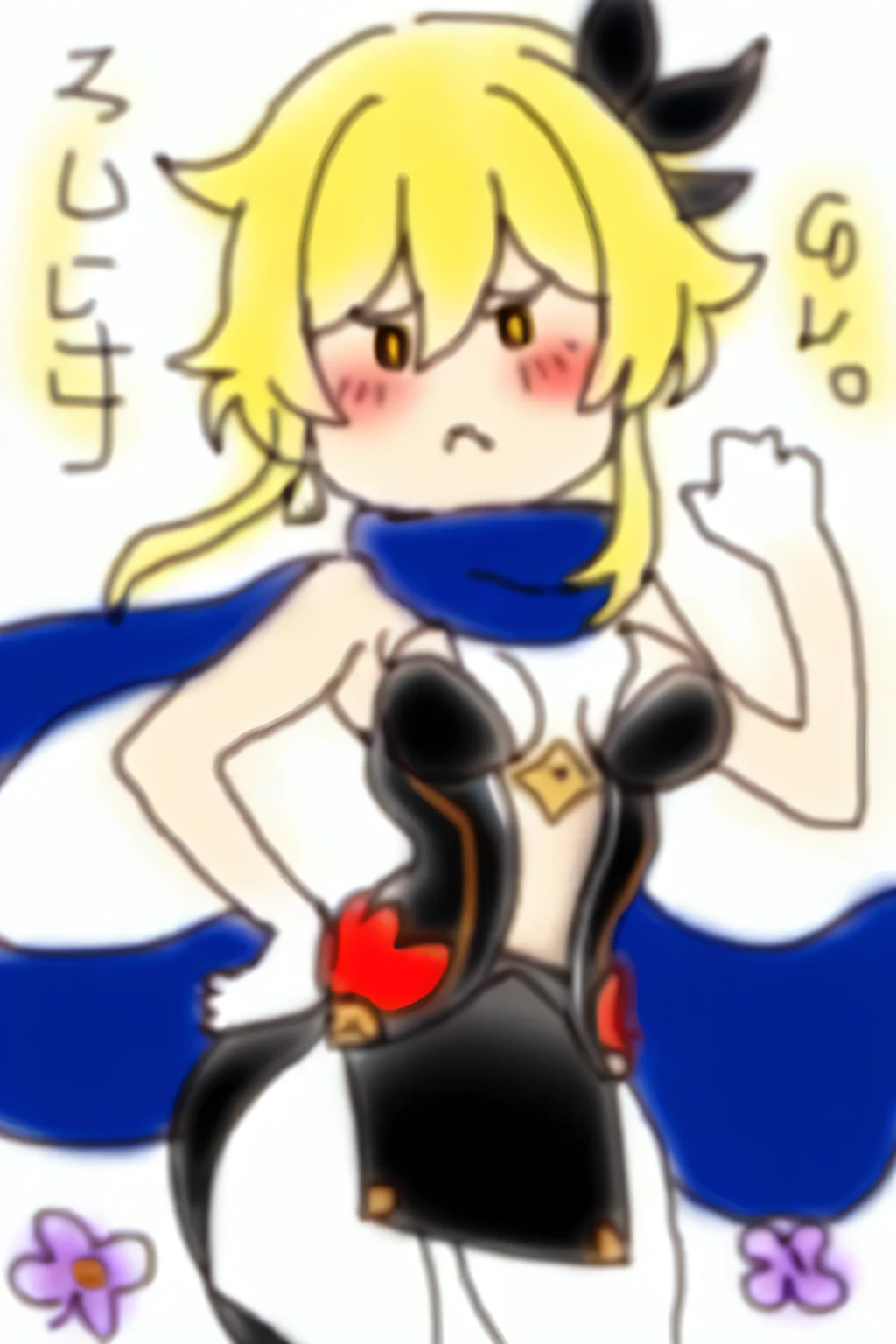 masterpiece, best quality,sketch, 1 Girl, Light (Genshin Impact), Solitary, Blonde hair, flower, skirt, hair flower, Hair accessories, breast, Yellow eyes, white skirt, High Leg Raise, White background, Bare shoulders, Separate sleeves, Bangs, Simple background, Hair between the eyes, thigh, white High Leg Raise, Hands on hips, Angry Veins, white scarf, medium breast, Side lock, blush, Shut up, white flower, short hair with long locks, Gloves, scarf, pout, cleveage, small breast, Shorten the trouser legs, permanent, Cowboy shooting, sleeveless skirt, short hair