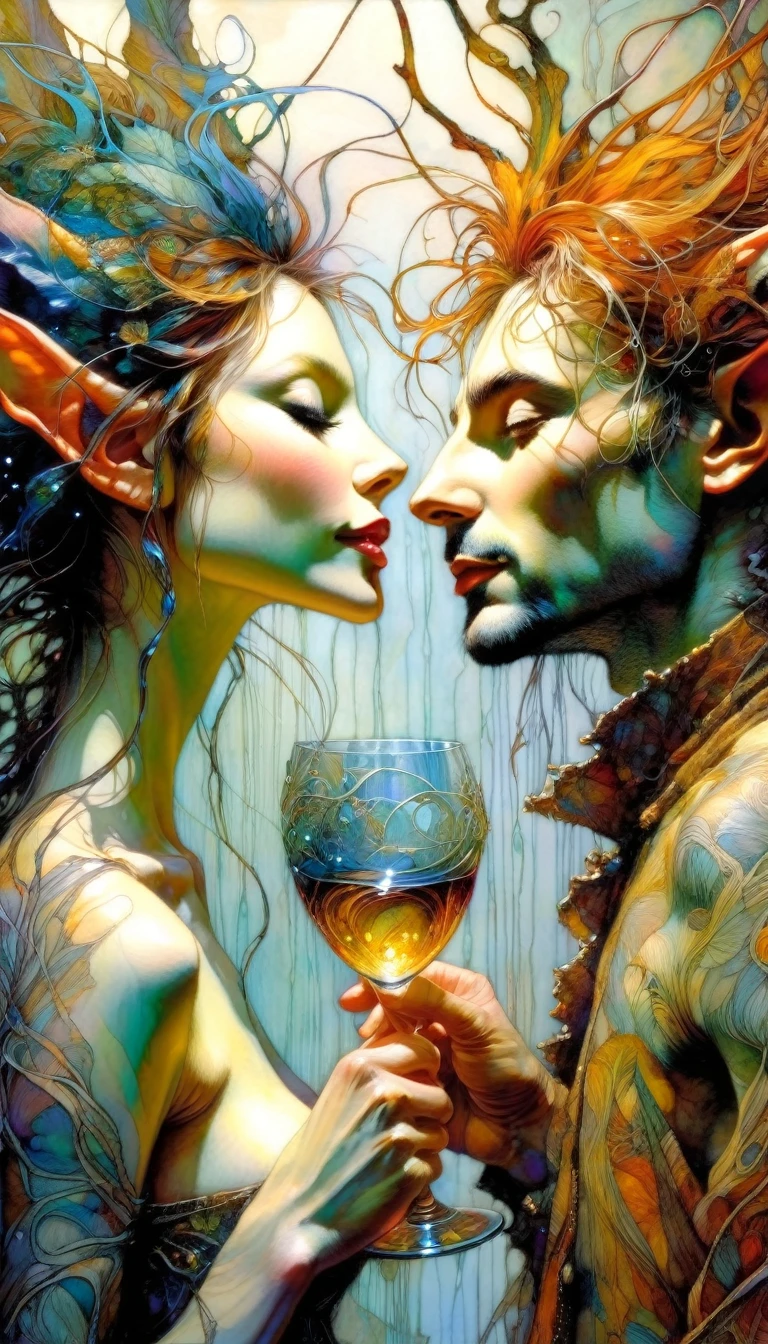 couple of lovers look at each other and toast with two luxurious glasses (art inspired by Brian Froud and Carne Griffiths and Wadim Kashin, intricate details, oil ) 