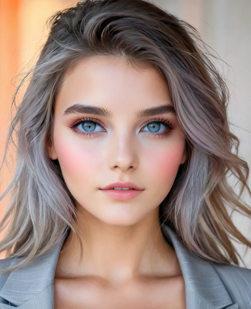 image fille, superbe fille de 19 ans, face au centre avant, teint ultra clair,  [yeux gris argenté], léger blush, lèvres rouge clair, [gros seins], cheveux longs, [Course en République tchèque], visage non recadré, tenue décontractée, blazer oversize de couleur claire, la personne de l&#39;image doit être au centre de la toile, réaliste: capture ultra haute définition, [tir à moitié du corps], [café barista, destination touristique]-comme arrière-plan
