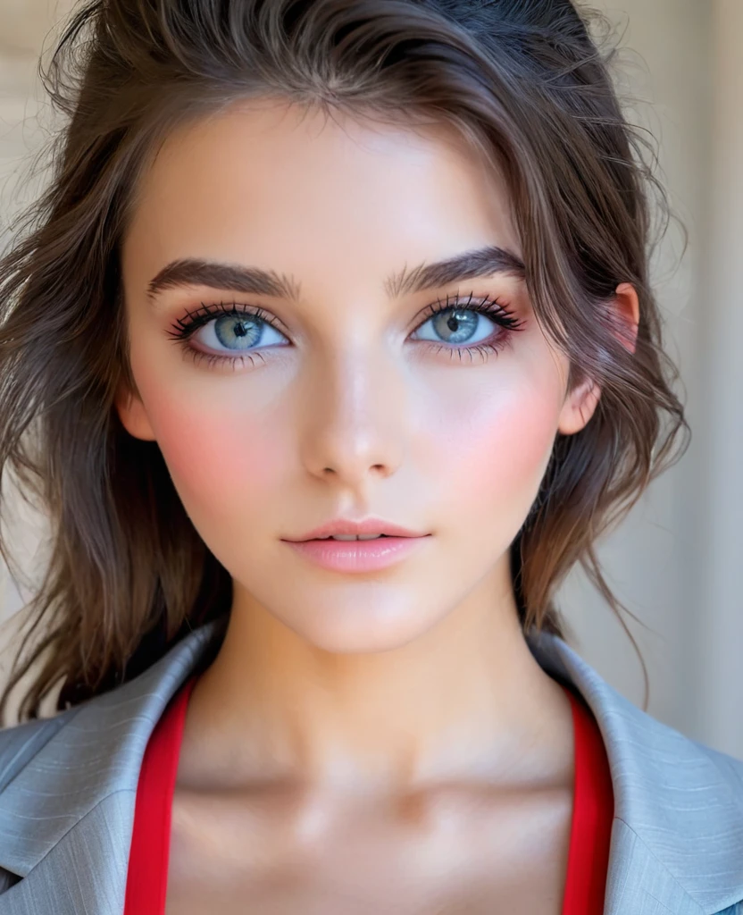 image fille, superbe fille de 19 ans, face au centre avant, teint ultra clair,  [yeux gris argenté], léger blush, lèvres rouge clair, [gros seins], cheveux longs, [Course en République tchèque], visage non recadré, tenue décontractée, blazer oversize de couleur claire, la personne de l&#39;image doit être au centre de la toile, réaliste: capture ultra haute définition, [tir à moitié du corps], [café barista, destination touristique]-comme arrière-plan
