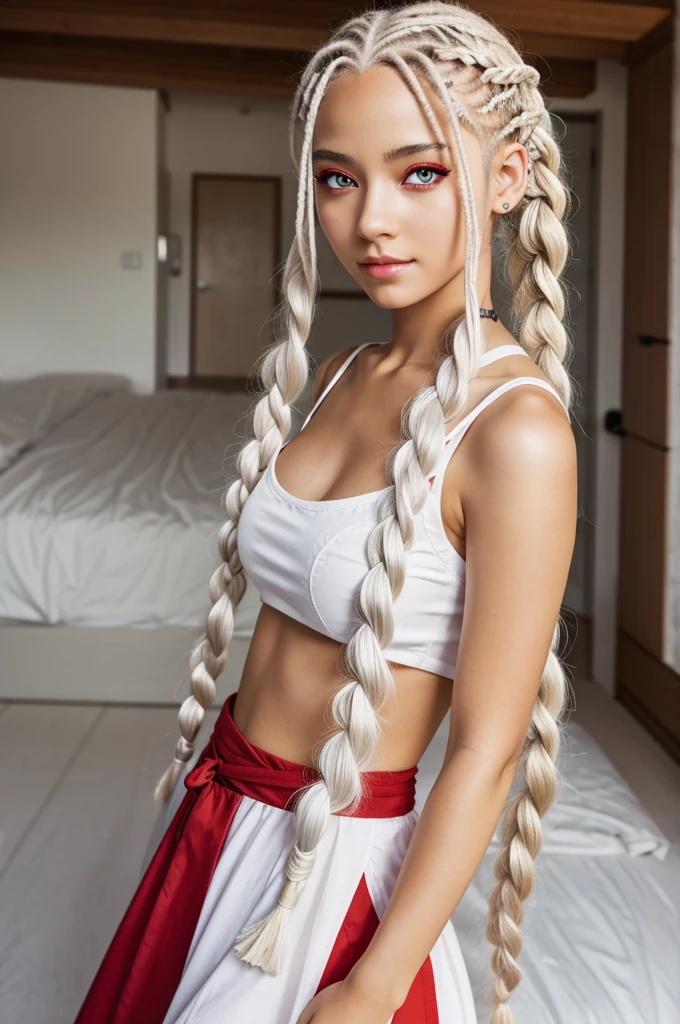 Anime girl with red eyes and white hair with braids