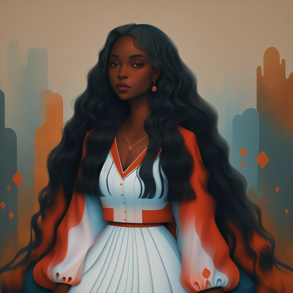 A black Congolese woman with dark, rich olive skin, content expression, comely, 1womanl, intricate-detail, Long wavy hair, abstract accents in the background
