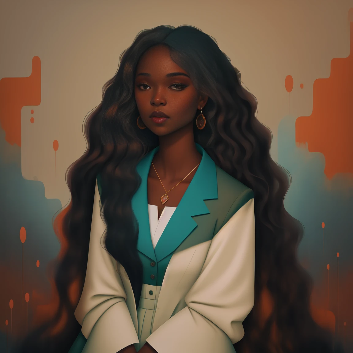 A black Congolese woman with dark, rich olive skin, content expression, comely, 1womanl, intricate-detail, Long wavy hair, abstract accents in the background 