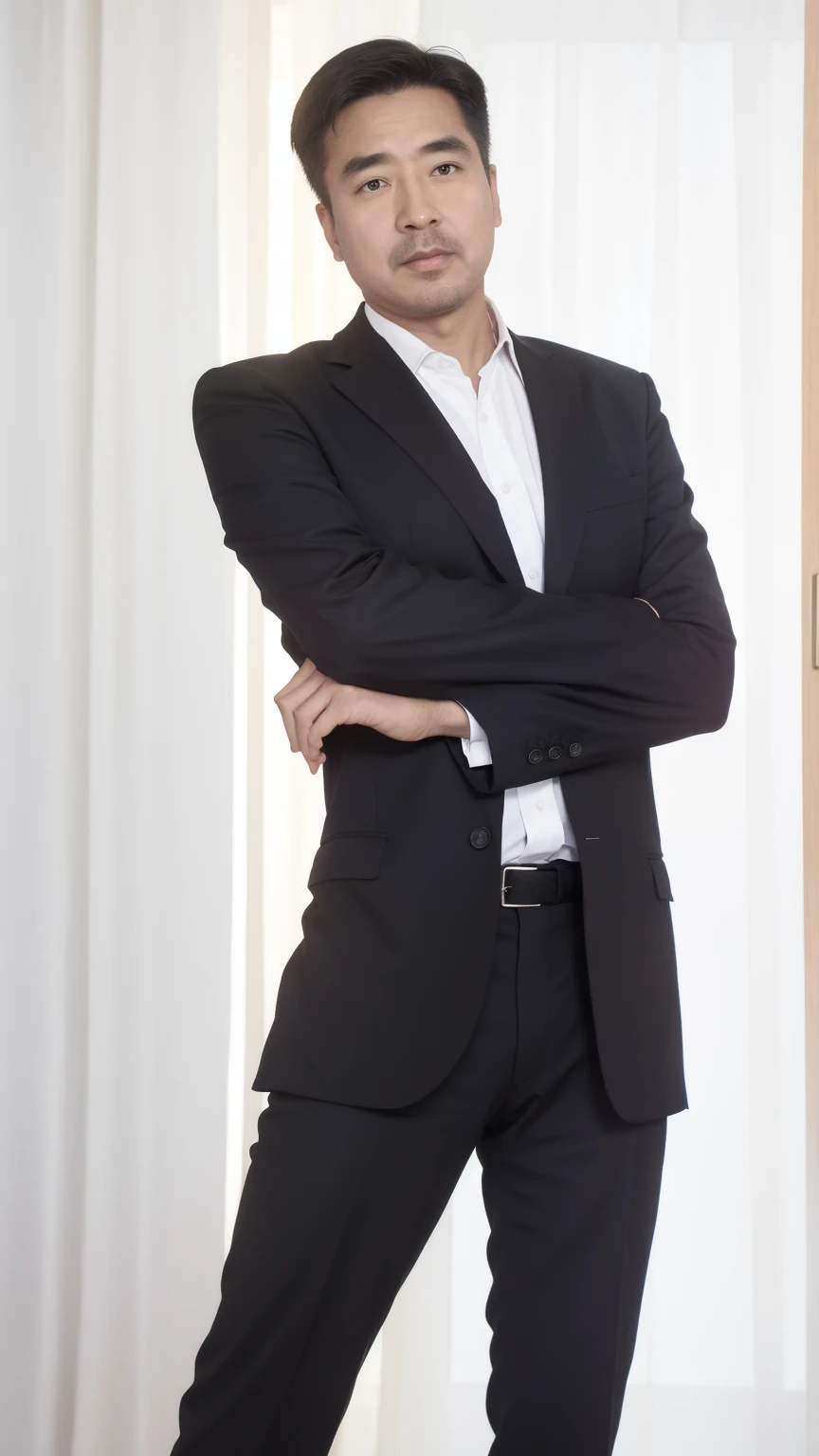 40-year-old male, Soft headlight,High-density imaging,(Thin face),((Black suit)),((Various dynamic poses)),((((Half-length photo)))),((White curtains in the background)),best quality,masterpiece,(Soft colors:1.2)