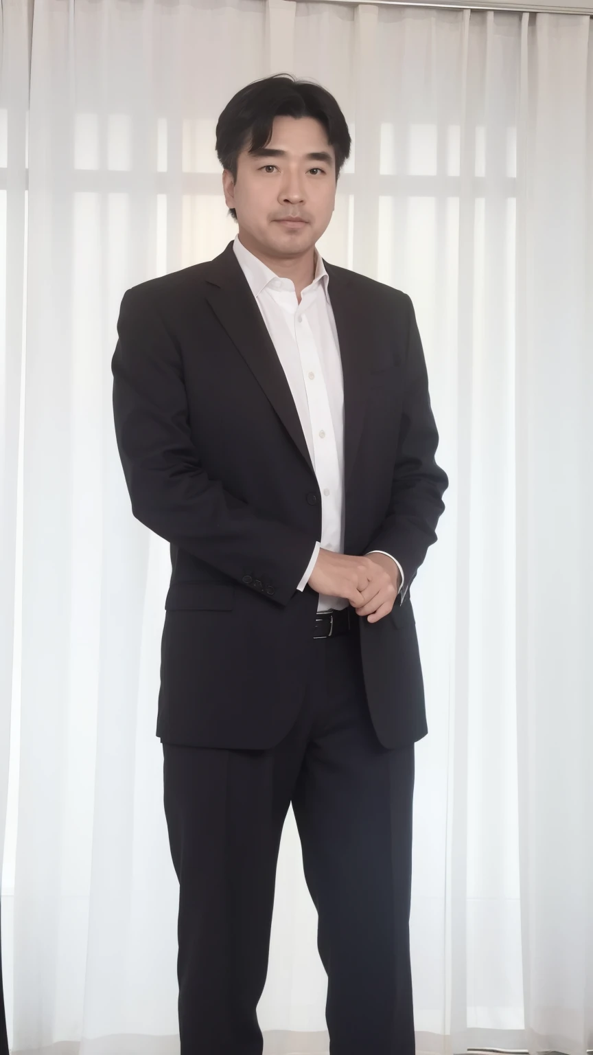40-year-old male, Soft headlight,High-density imaging,(Thin face),((Black suit)),((Various dynamic poses)),((((Half-length photo)))),((White curtains in the background)),best quality,masterpiece,(Soft colors:1.2)