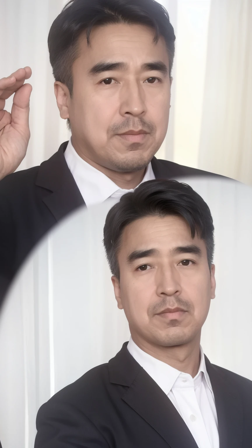 40-year-old male, Soft headlight,High-density imaging,(Thin face),((Black suit)),((Various dynamic poses)),((((Half-length photo)))),((White curtains in the background)),best quality,masterpiece,(Soft colors:1.2)
