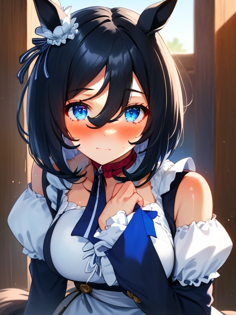 masterpiece, best quality, extremely detailed, (((eishin flash,))) (((umamusume,))) 1 girl, young, cute face, (((blush,))) (((black hair,))) medium hair, blue eyes, (huge breasts,) beautiful detailed blue eyes, white skin, (((gleaming skin,))) (((oil,))) (((gleaming skin,))) (((glistening skin,))) ((embarrassed,)) (((maid dress,))) (((horse ear,))) closed mouth, hairs between eyes, ((parted bangs,)) ((bob cut,)) 