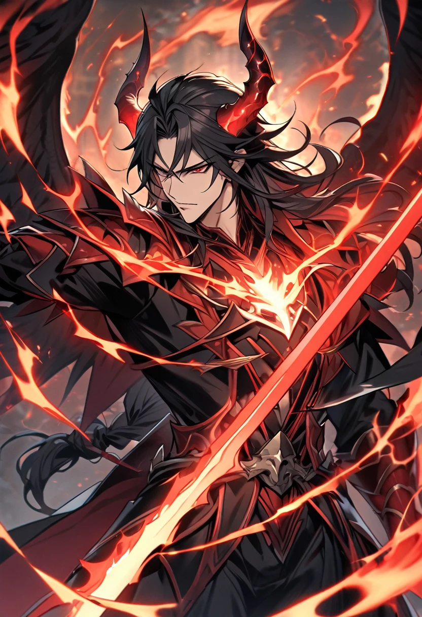 Handsome, single, 1 male, long hair tied back, black hair, black and red eyes, dressed as a magic-style satan armor warrior. black coat A huge power swirled like red fire and lightning mixed together. Holding the sword of a great warrior Satan's magical power resides in the great sword, Satan's Horn, Satan's Wings.