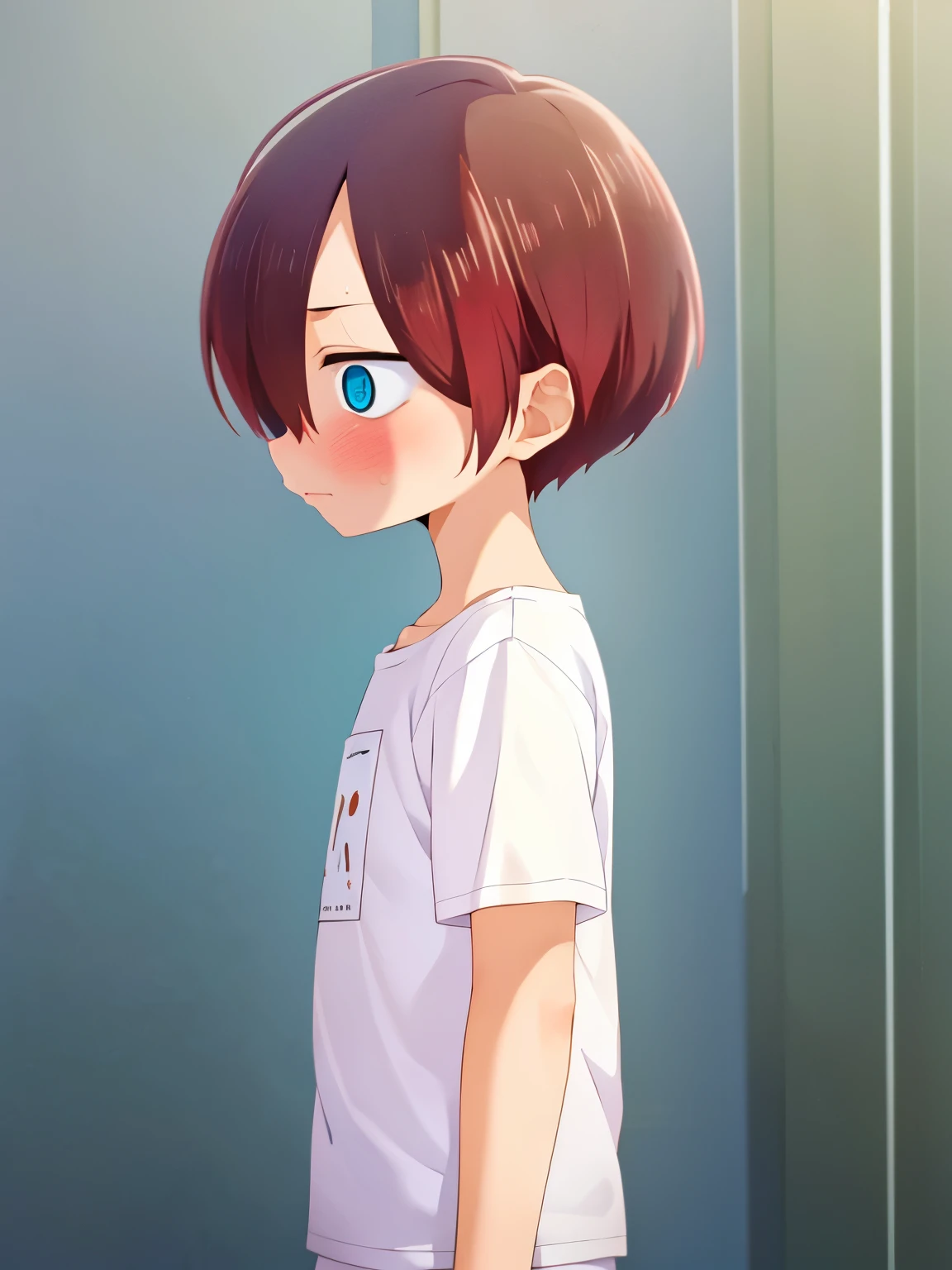 1boy, solo, male focus, kyoutarou_ichikawa, red hair, blue eyes, short hair, hair over one eye, bangs, Standing,blush, White t-shirt,Plain t-shirt, white trousers,Facing left, camera angle from the side, photo from the side, looking away,