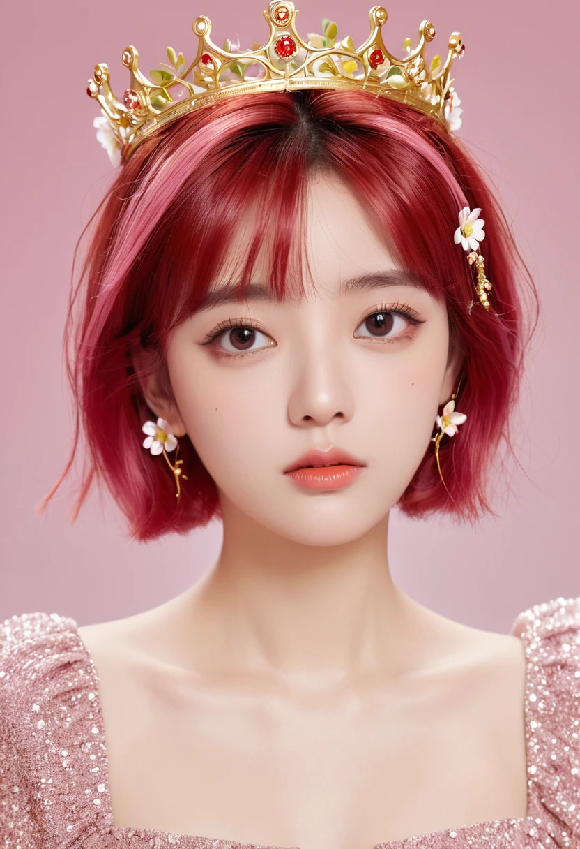 18 years old beautiful girl, masterpiece, best quality, 8K Animation, Detailed fingers, Precise fingers, Not an unnatural hand, illustration, 1 girl, Solitary, Pink Bob Hairstyle, Golden Crown, Flower Hair Accessories, Drooping eyes, Red mini skirt, Wey