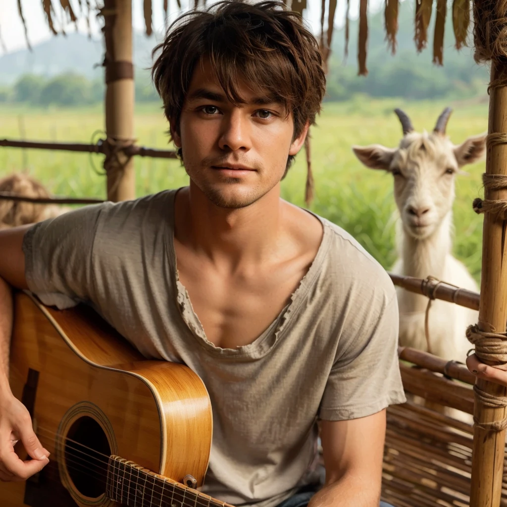 a handsome man, clean face, shaggy hair, wearing a worn t-shirt, facing the camera, playing the guitar in a woven bamboo booth, no walls, near the man you can see a goat eating green grass, in the afternoon grassland, cool atmosphere , ornate details, masterpieces, soft golden hours, best quality,highest resolution, every detail detailed,