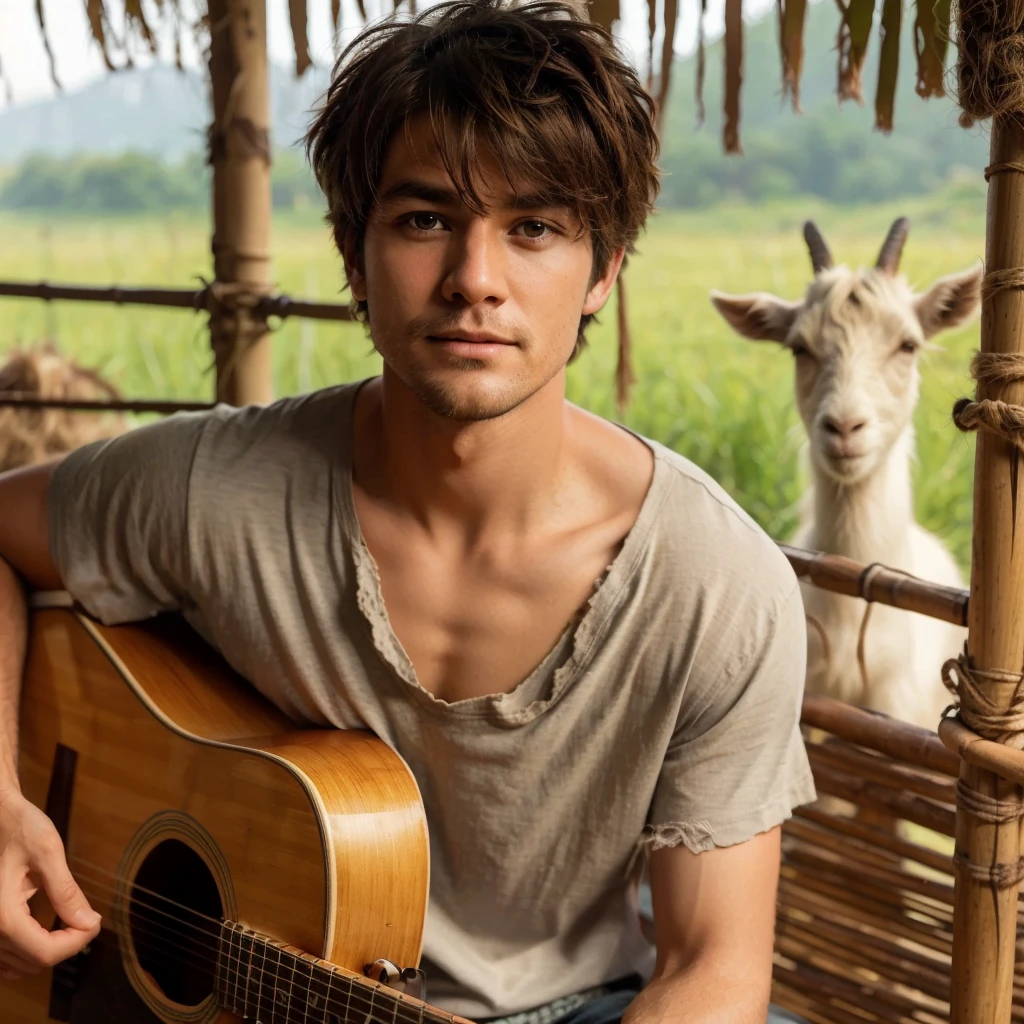 a handsome man, clean face, shaggy hair, wearing a worn t-shirt, facing the camera, playing the guitar in a woven bamboo booth, no walls, near the man you can see a goat eating green grass, in the afternoon grassland, cool atmosphere , ornate details, masterpieces, soft golden hours, best quality,highest resolution, every detail detailed,