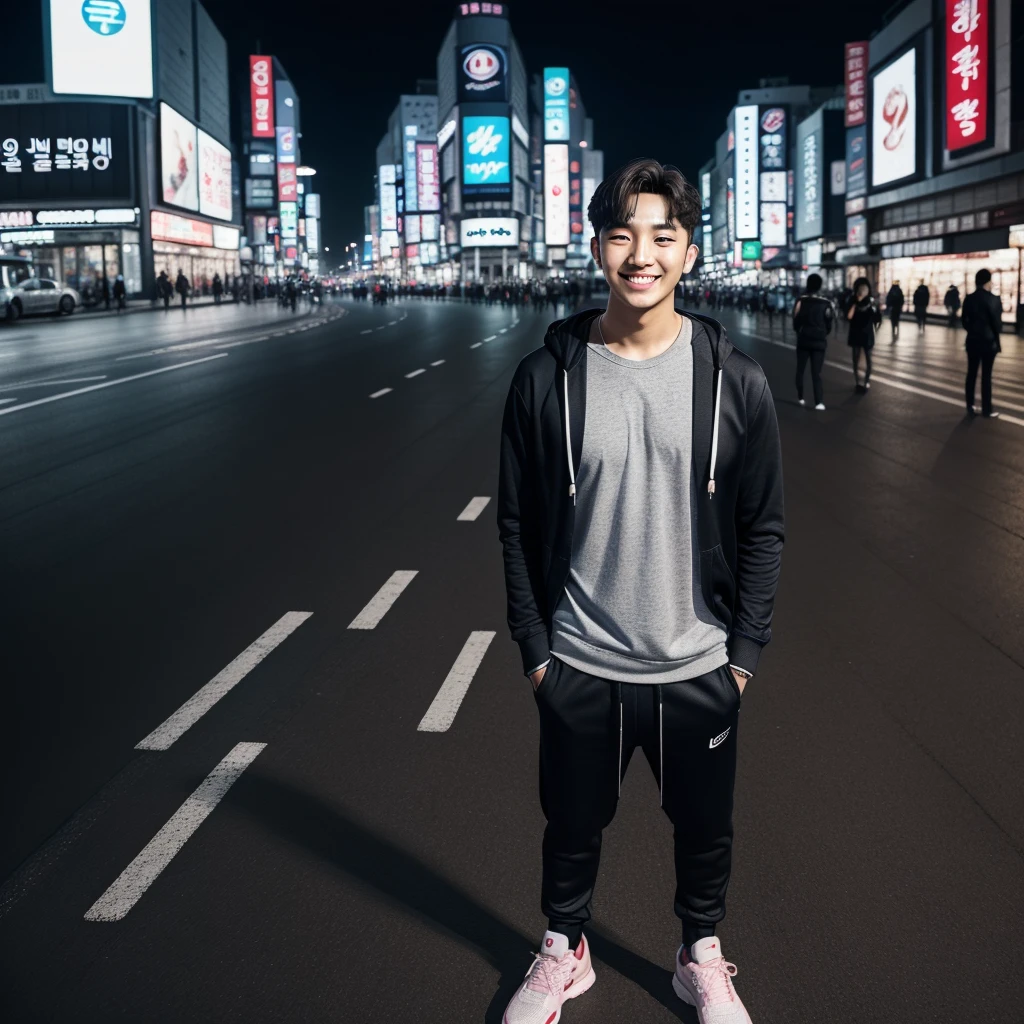 ((hyperdetail)), ((hyperrealistic)), ((hyperrealism)), Professional, Angle camera shooting from below, realistic, High level of detail, Full body photo of 25 years old Korean male, alone, just 1 man, face like Jungkook BTS, nice hair like Jungkook BTS hair, nice eyes, wearing plain hoodie, wearing sneakers, wearing joggers, full body, fit body almost 75 kg bodyweight weight and 185 cm body height, fit body like gym trainer, not thin and not fat, standing at street center of Seoul of night day, photogenic pose, smile pose, (random standing pose: 1.3) ,Natural light, (Attractive young man:1.3), (:1.1), (blush:1.1), night bacgkround at street near seoul district , E-world Seoul, night day, night time, night day atmosphere, ((cool pose)), ((gentleman pose)), ((ISO 400)), ((50mm lens)), ((wide shot)),