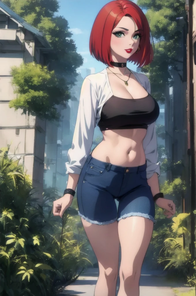 straight-on,pose,looking at viewer,solo, BREAK, 3d,
red hair, short hair, green eyes, breasts, makeup, lipstick, red lips, large breasts, narrow waist, curvy, bob cut, lips,
choker, jewelry, necklace, black choker, midriff, blue shirt, crop top, long sleeves, navel, black_pants, jeans, denim, wristband,
BREAK, official art, highres, scenery, (masterpiece:1.1), (best quality,:1.1), (high quality:1.1), (anime screencap:1.2),