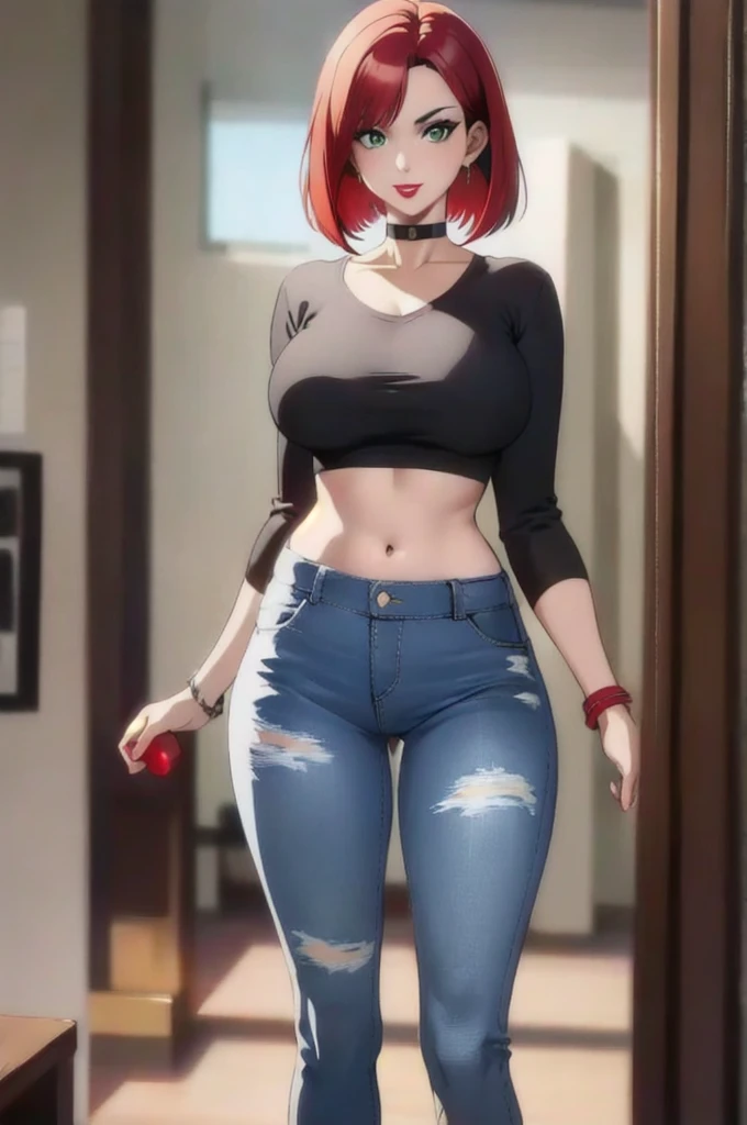 straight-on,pose,looking at viewer,solo, BREAK, 3d,
red hair, short hair, green eyes, breasts, makeup, lipstick, red lips, large breasts, narrow waist, curvy, bob cut, lips,
choker, jewelry, necklace, black choker, midriff, blue shirt, crop top, long sleeves, navel, black_pants, jeans, denim, wristband,
BREAK, official art, highres, scenery, (masterpiece:1.1), (best quality,:1.1), (high quality:1.1), (anime screencap:1.2),