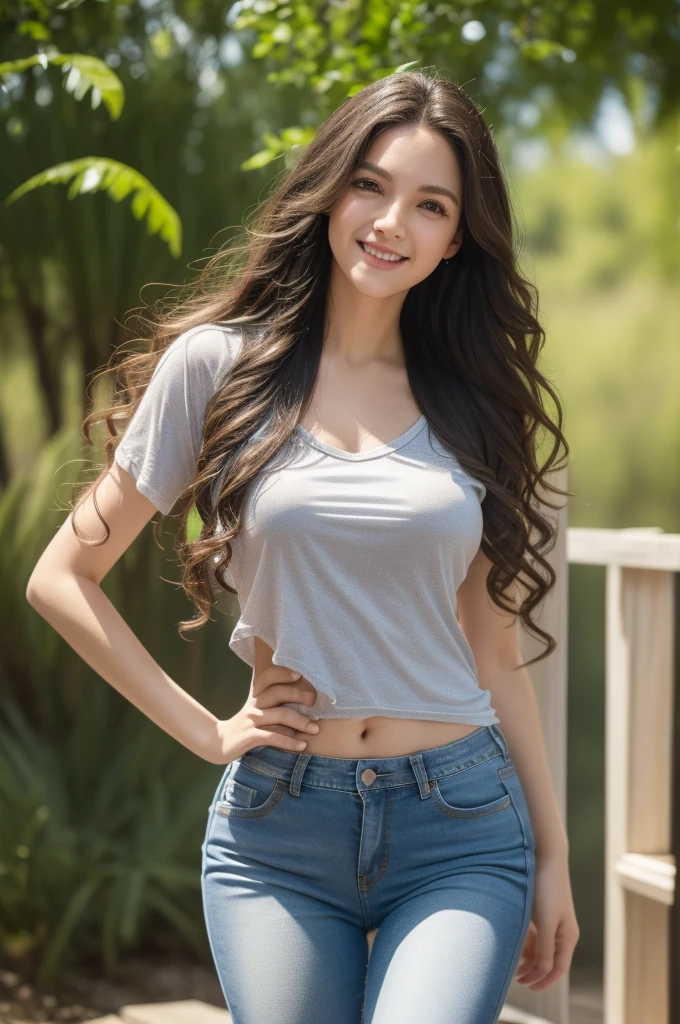 woman jumping into water, the girl is short in height, jeans and t-shirt, brunette hair,( long curly hair), smiling, drenched clothes, wet clothes, see thru shirt, wet hair, jewish, western girl, american girl. anatomically correct, braless Highly detailed face and skin texture, Detailed eyes, Double eyelid, perfect eyes, intricate, bright soft diffused light, detailed skin, detailed hair, realistic skin texture, pores, texture, detailed eyes, professional, 4k, shot on Canon, max detail, roughness, real life, ultra realistic, photorealism, photography, glamour, natural, realistic background.