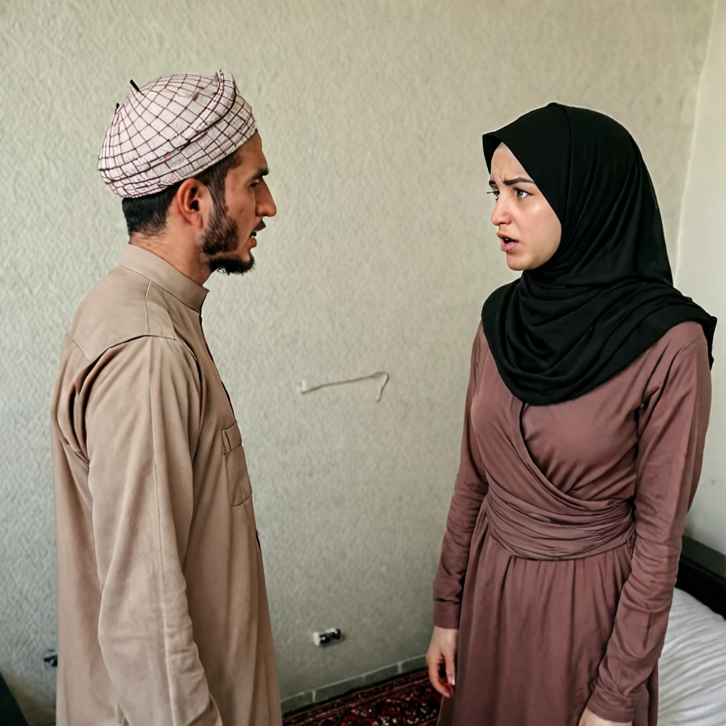 Pale skin Kurdish woman in hijab nude body standing debating talking with a man in room sad view from top angry raged view from side