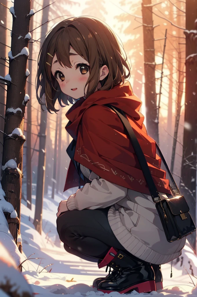 yuihirasawa, Yui Hirasawa, short hair, Brown Hair, hair ornaments, (Brown eyes:1.5), Hair Clip、smile,smile,blush,White Breath,
Open your mouth,snow,Ground bonfire,, Outdoor, boots, snowing, From the side, wood, suitcase, Cape, Blurred, , forest, White handbag, nature,  Squat, Mouth closed, Cape, winter, Written boundary depth, Black shoes, red Cape break looking at viewer, Upper Body, whole body, break Outdoor, forest, nature, break (masterpiece:1.2), Highest quality, High resolution, unity 8k wallpaper, (shape:0.8), (Beautiful and beautiful eyes:1.6), Highly detailed face, Perfect lighting, Extremely detailed CG, (Perfect hands, Perfect Anatomy),