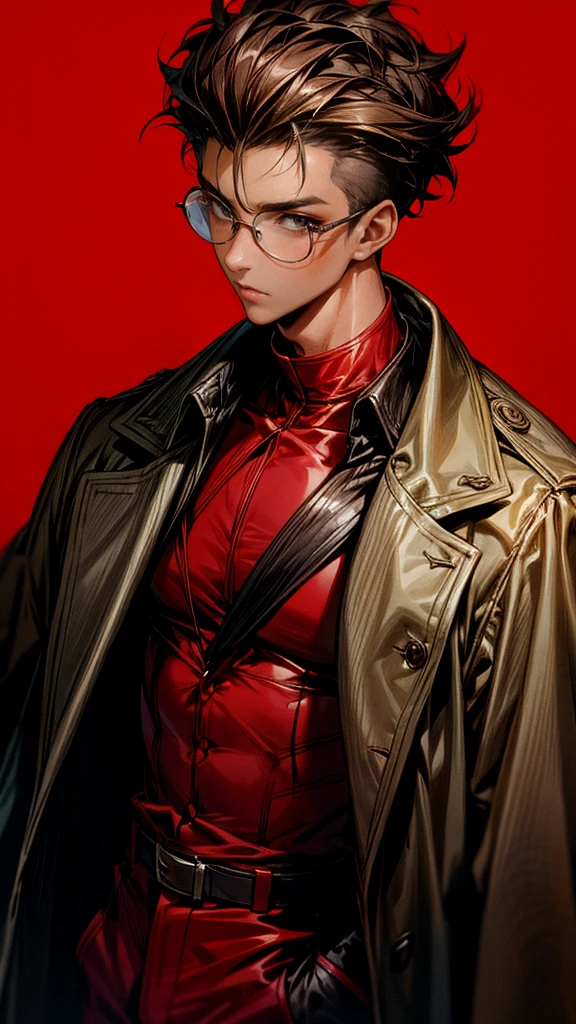 1boy, dark skin, short curly hair, shaved side, coat, brown eye, red background, glasses
