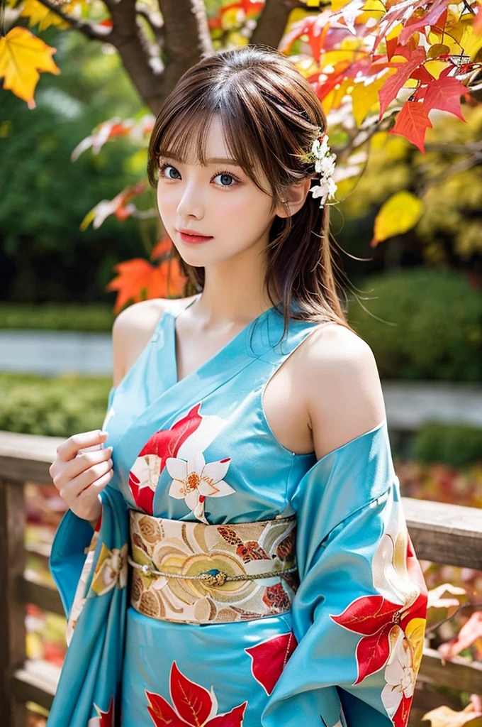 (masutepiece:1.3, Photorealsitic:1.4, 8K), top-quality, ​masterpiece, 超A high resolution, Perfect dynamic composition, Professional camera work, Grow Light Effect, Realistic portrait, Cinematic Light, Highly detailed skin and facial texture:1.3, The ultra-detailliert, A detailed eye, Detailed limbs, autumnal, Autumn leaves landscape in the evening:1.25, 1girl in, Cute sexy 23 year old slim woman, Fair skin, Autumn leaves are dancing:1.25, (Enraptured look:0.9, Totally captivates you:1.0), (Red kimono:1.31 Only shoulders and scapula exposed), (Backshots, Calm pose), (voluptuous breasts:0.9), (Beautiful blue eyes, Eyes that feel beautiful eros:0.85), Sexy face:0.4, (A mouthfeel that feels beautiful eros:0.85), ((Too cute beauty:0.9))