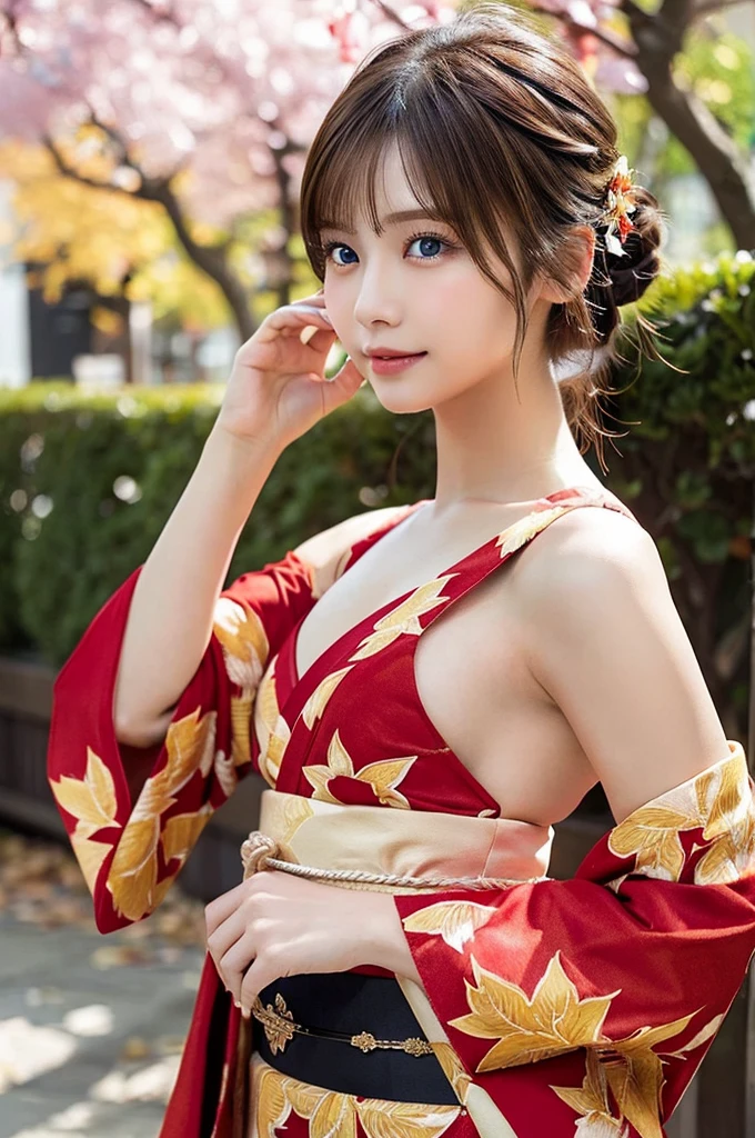 (masutepiece:1.3, Photorealsitic:1.4, 8K), top-quality, masterpiece, 超A high resolution, Perfect dynamic composition, Professional camera work, Grow Light Effect, Realistic portrait, Cinematic Light, Highly detailed skin and facial texture:1.3, The ultra-detailliert, A detailed eye, Detailed limbs, autumnal, Autumn leaves landscape in the evening:1.25, 1girl in, Cute y 23 year old slim woman, Fair skin, Autumn leaves are dancing:1.25, (Enraptured look:0.9, Totally captivates you:1.0), (Red kimono:1.31 Only shoulders and scapula exposed), (Backshots, Calm pose), (voluptuous bre9), (Beautiful blue eyes, Eyes that feel beautiful eros:0.85), Sexy face:, (A mouthfeel that feels beautiful eros:0.85), ((Too cute beauty:0.9))