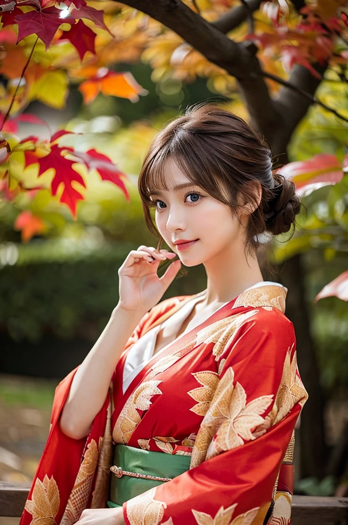 (masutepiece:1.3, Photorealsitic:1.4, 8K), top-quality, masterpiece, 超A high resolution, Perfect dynamic composition, Professional camera work, Grow Light Effect, Realistic portrait, Cinematic Light, Highly detailed skin and facial texture:1.3, The ultra-detailliert, A detailed eye, Detailed limbs, autumnal, Autumn leaves landscape in the evening:1.25, 1girl in, Cute sexy 23 year old slim woman, Fair skin, Autumn leaves are dancing:1.25, (Enraptured look:0.9, Totally captivates you:1.0), (Red kimono:1.31 Only shoulders and scapula exposed), (Backshots, Calm pose), (voluptuous breasts:0.9), (Beautiful blue eyes, Eyes that feel beautiful eros:0.85), Sexy face:0.4, (A mouthfeel that feels beautiful eros:0.85), ((Too cute beauty:0.9))