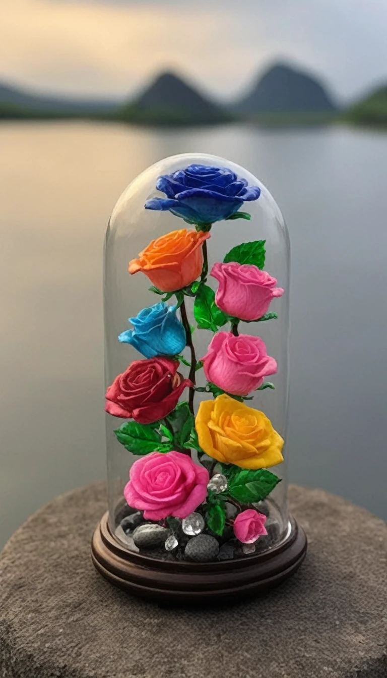 Image of, close,  FlowerMD_jewelry,Chinese_SP Style,Colorful roses with gemstones and diamonds in a jar on rocks near a lake,Water Drop,  Gemstone Leaf, Golden ,Faint Light, Front view ,movie 