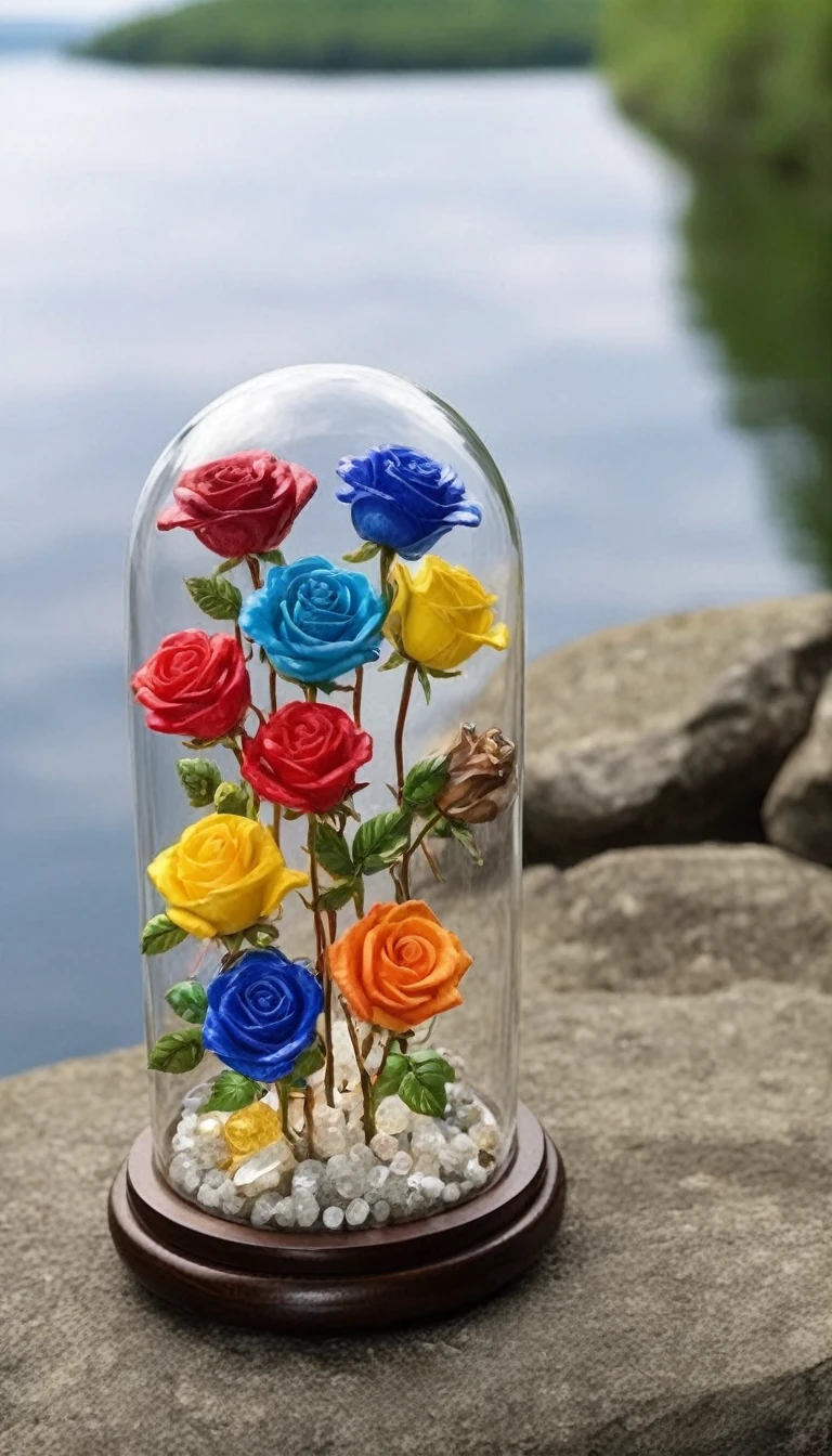 Image of, close,  FlowerMD_jewelry,Chinese_SP Style,Colorful roses with gemstones and diamonds in a jar on rocks near a lake,Water Drop,  Gemstone Leaf, Golden ,Faint Light, Front view ,movie 