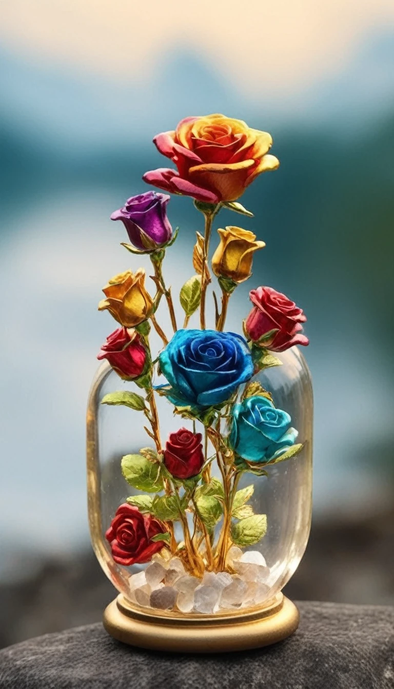 Image of, close,  FlowerMD_jewelry,Chinese_SP Style,Colorful roses with gemstones and diamonds in a jar on rocks near a lake,Water Drop,  Gemstone Leaf, Golden ,Faint Light, Front view ,movie 