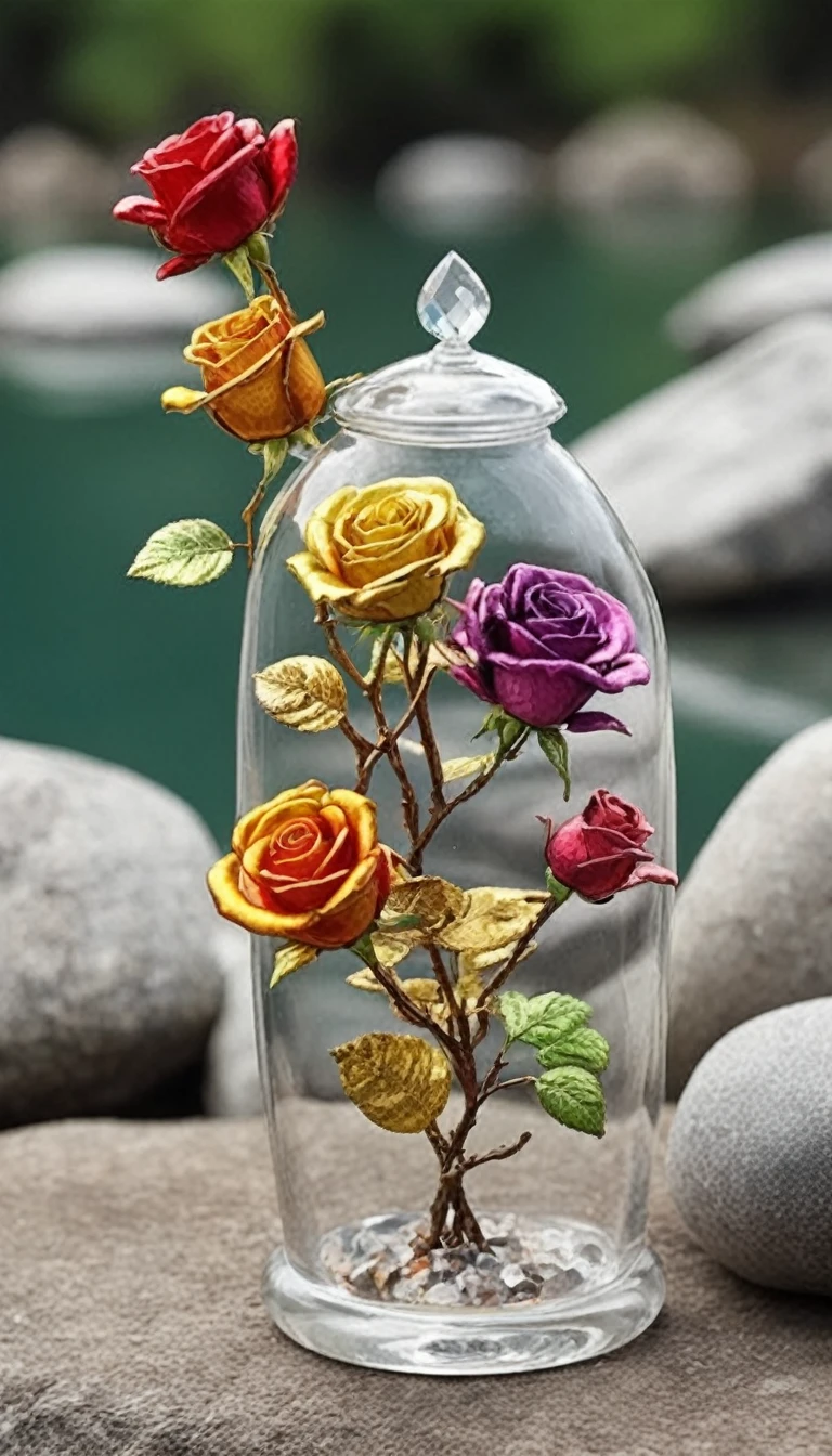 Image of, close,  FlowerMD_jewelry,Chinese_SP Style,Colorful roses with gemstones and diamonds in a jar on rocks near a lake,Water Drop,  Gemstone Leaf, Golden ,Faint Light, Front view ,movie 