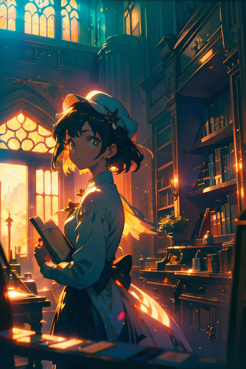 Create exquisite illustrations reminiscent of Makoto Shinkai's style, It has ultra-fine details and top-notch quality. Create a high-quality illustration depicting a beautiful girl who has wandered into an abandoned library, bathed in the nostalgic glow of the setting sun. The scene should evoke a sense of nostalgia and enchantment, with intricate details and a dreamy atmosphere. The girl's features should be beautifully rendered, capturing her sense of wonder and curiosity. The abandoned library should include elements like dusty shelves filled with old books, broken windows with light streaming through, and overgrown plants reclaiming the space. The warm hues of the sunset should cast a golden glow over the scene, enhancing the nostalgic and magical feel. Every element should be meticulously crafted to immerse the viewer in a nostalgic and enchanting moment. best quality, masterpiece, expressive eyes, gorgeous, vivid, perfect face, smile, happyness, 2eyes, emotion, detailed pupils, vivid pupils,stunning, life, relfection, peace, warm, compsition, artistic, 4k, wallpaper, bonnet, wind, glowing eyes
