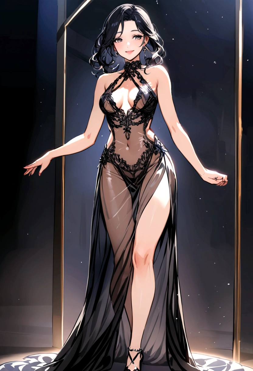 Greek woman walking in transparent dress, long black hair, sourire et regard sexy