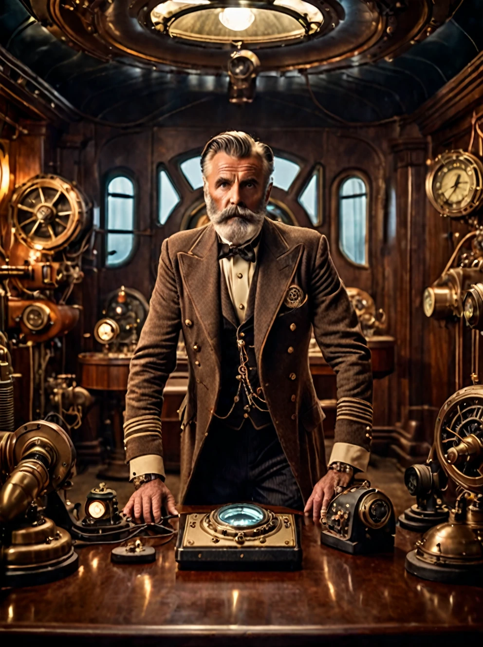 photo focus on male focus, indoors, realistic scenery, (captain nemo:1.1), retro-futuristic, testing radio energy transfer, electricity , ray beam,  steampunk nautilus-style. very wide shot, character photo portrait, film, professional, 4k