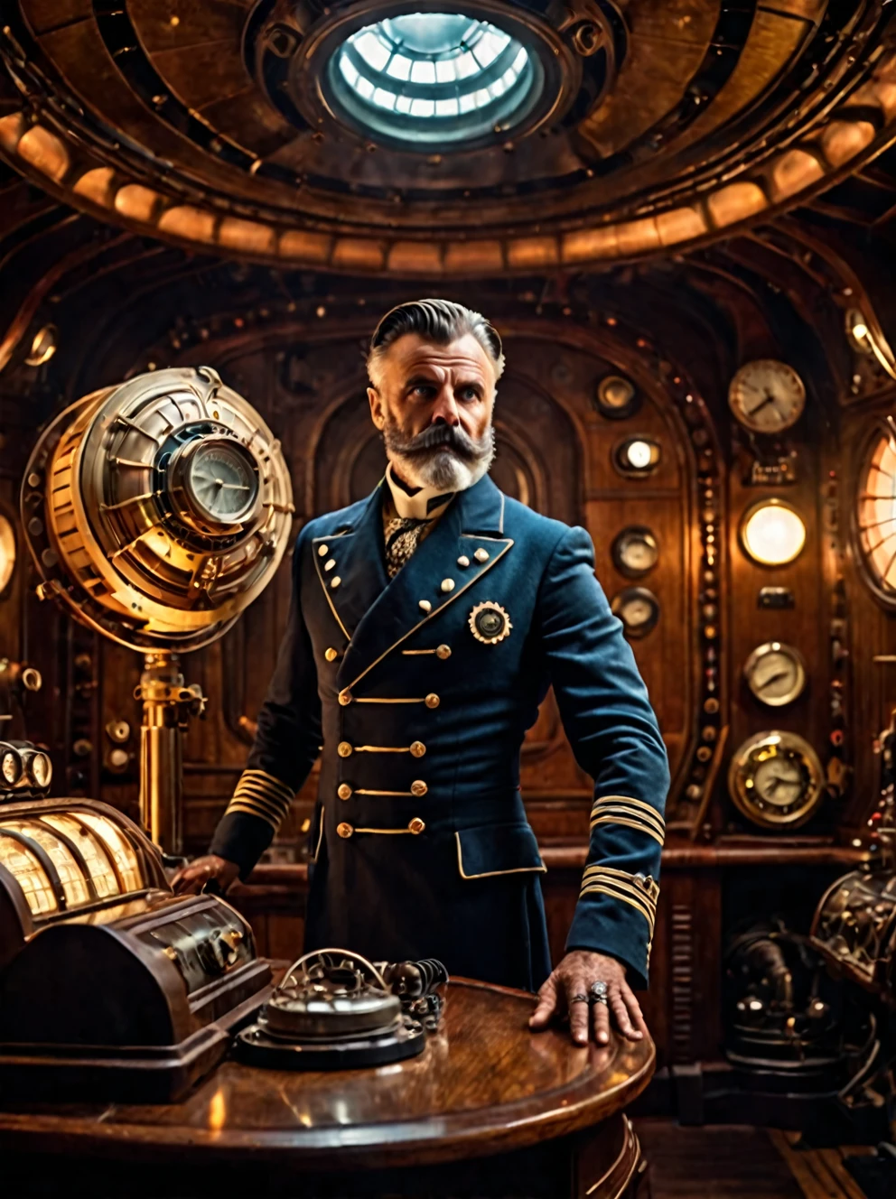 photo focus on male focus, indoors, realistic scenery, (captain nemo:1.1), retro-futuristic, testing radio energy transfer, electricity , ray beam, steampunk nautilus-style. very wide shot, character photo portrait, film, professional, 4k